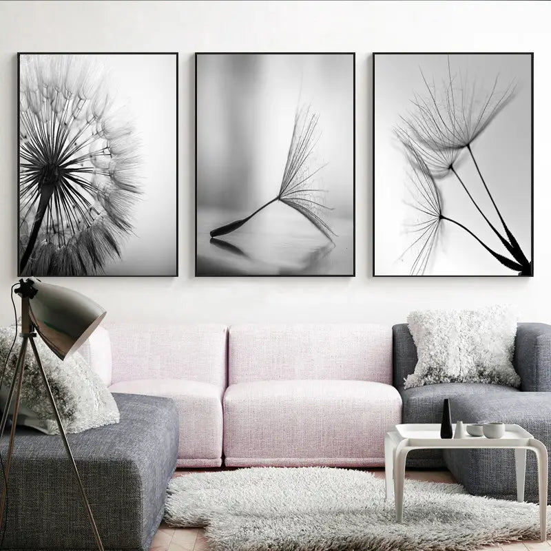 3pcs Black and White Dandelion Flower Wall Posters