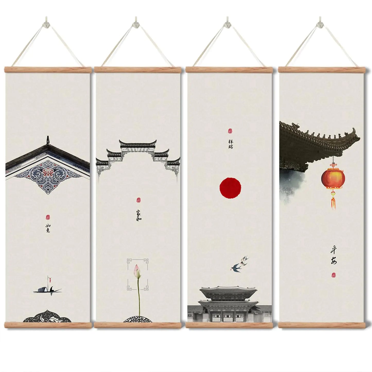Landscape PaintingChinese Ancient Architecture Posters and Printstraditional Ink DecorWall Art Black and White for Living Room Bedroom4 Piece Set Fixed Wooden Hanging Scroll (Ancient architecture 12”x36”x4piece)