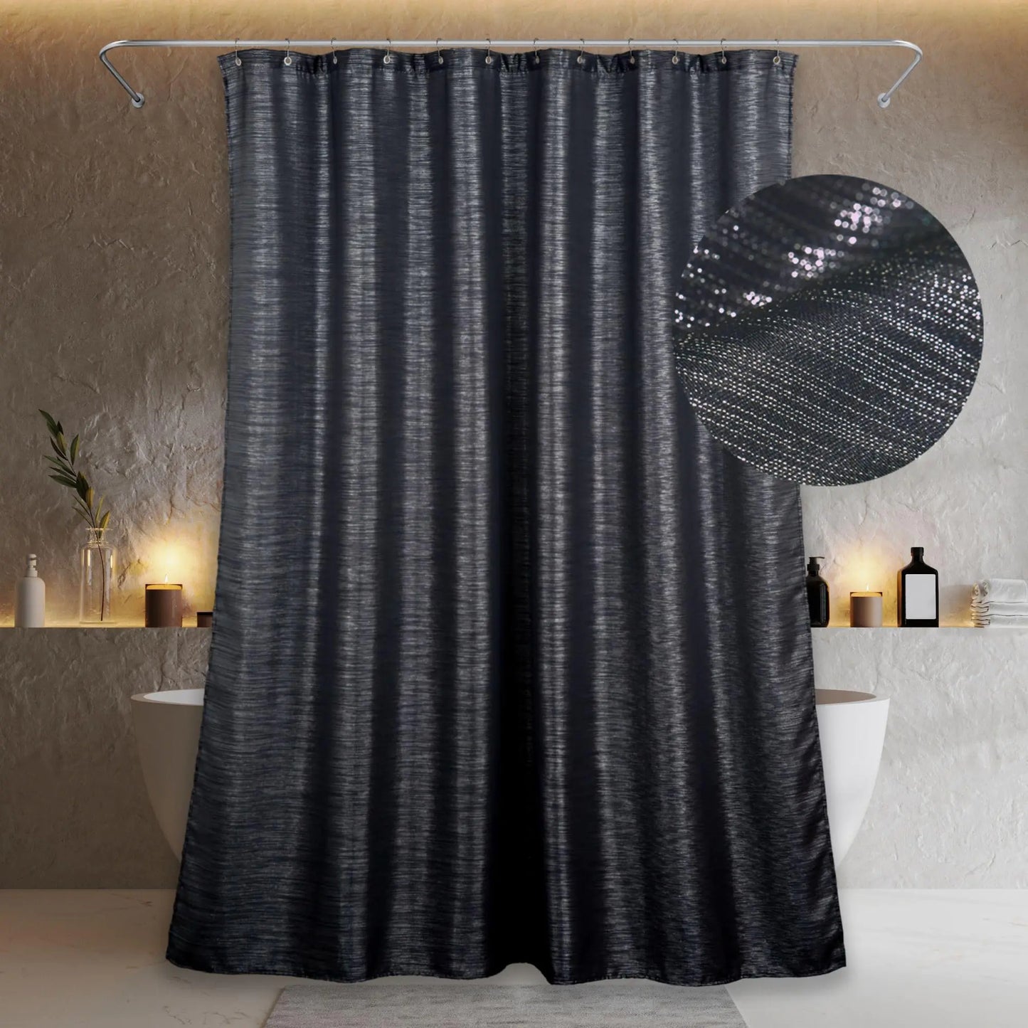 Black Sparkly Glitter Shower Curtain: Silver Metallic Shimmery Bling Shiny Textured Fabric Decorative Shower Curtains for Bathroom - Glam Fancy Luxury Modern Chic Design Waterproof Washable - 72x72