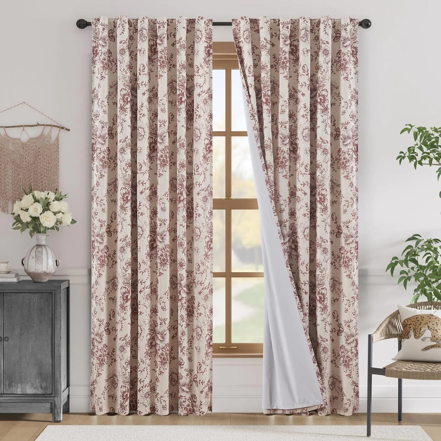 jinchan Blackout Linen Blend Curtains Floral Curtains for Living Room 84 Inch Length Brick Red Printed Curtains with Lined Blackout Curtains for Bedroom Farmhouse Curtains Set 2 Panels