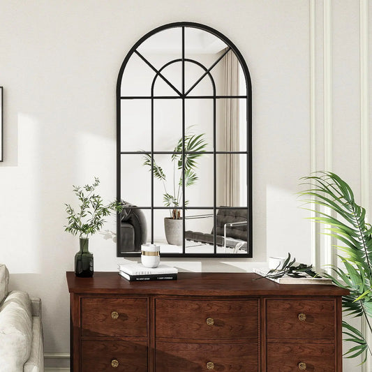 OGCAU Wall Mounted Mirror Arched Wall Mirror 42"x24" Arch Bathroom Mirror Farmhouse Window Mirror with Iron Frame Windowpane Mirror Wall Decor for Bedroom Entryway Living Room (Black)