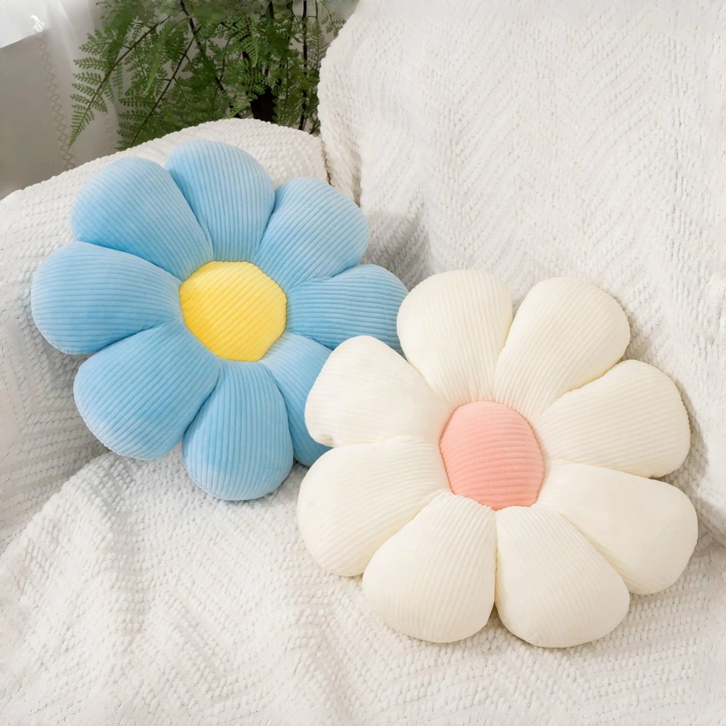 JZNEXD 2 Pcs Flower Pillow Decorative Throw Pillows for Girls Preppy Room Decor Cute Aesthetic Flower Daisy Shaped Throw Pillows for Bedroom Bed Couch Chair Floor Classroom (White+Blue 15.35 Inch)