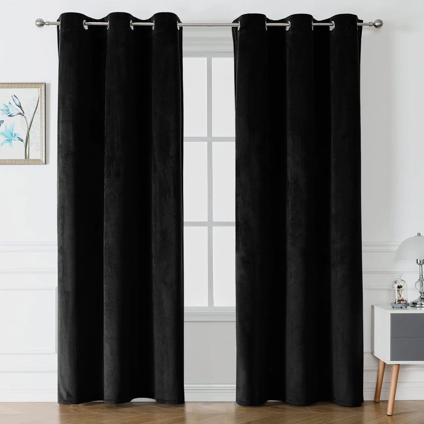 Victree Black Velvet Curtains for Bedroom Blackout Curtains 42 x 84 inch Length - Room Darkening Sun Light Blocking Grommet Window Drapes for Living Room 2 Panels