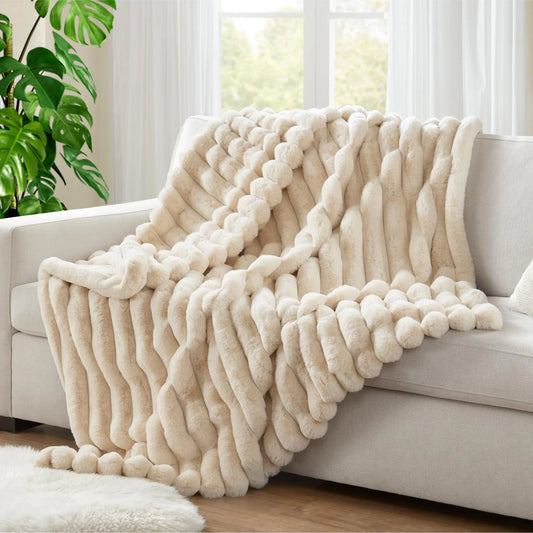 Hyde Lane Ultra Soft Faux Rabbit Fur Striped Throw Blanket - Luxury Plush Blanket for Couch Bed Living Room Decor Thick & Warm - 750GSM (Beige 60"x80")
