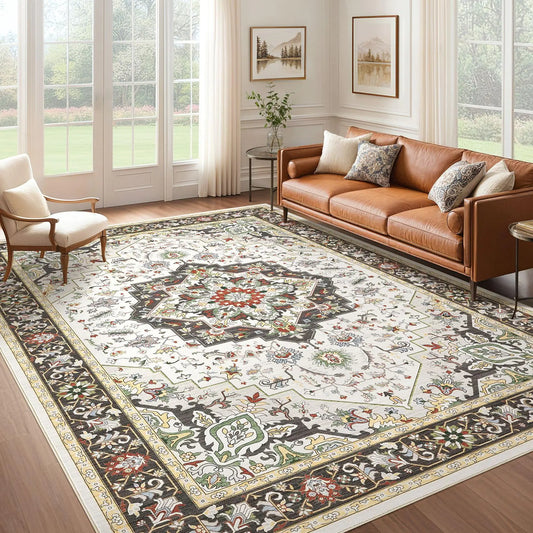 Area Rug for Living Room: 10x14 Soft Washable Rugs Vintage Large Non-Slip Backing Stain Resistant Carpet for Bedroom Dining Room or Home Office Home Decor - Black/Multi
