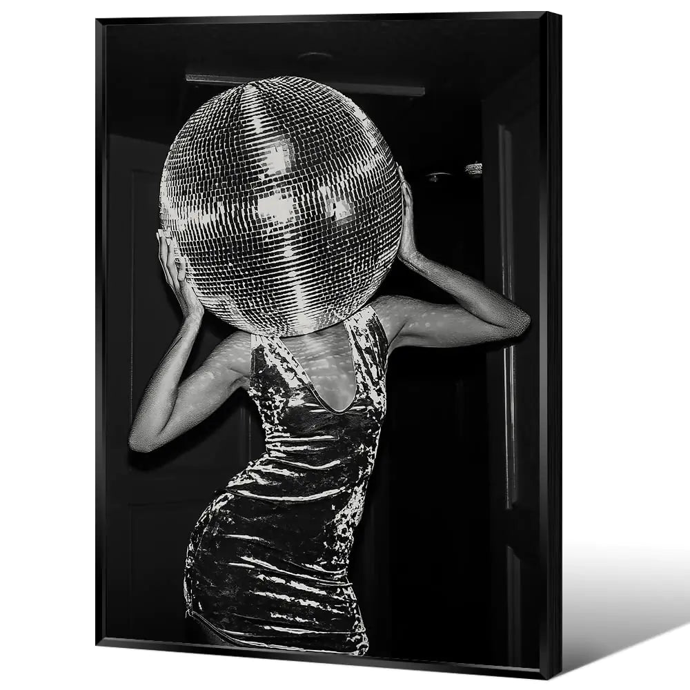 Trendy Black and White Wall Art Decor - Music Posters for Room Aesthetic Funky Retro Funny Black Disco Canvas Prints Poster fashion Living Room and bar cart decor (16x24in Black Aluminum Frame)