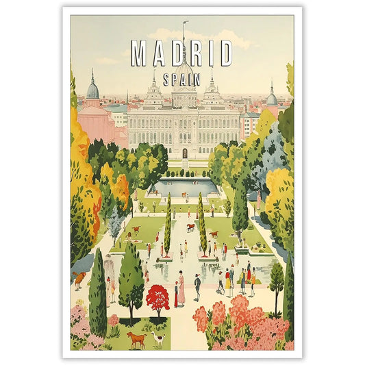 Vintage Madrid City Landscape Travel Wall Art Retro Spain Landmarks Scenery Canvas Posters Colorful Castle House Prints Painting For Family Living Room Bedroom Wall Decor 16x24in Unframed
