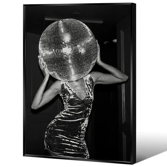 Trendy Black and White Wall Art Decor - Music Posters for Room Aesthetic Funky Retro Funny Black Disco Canvas Prints Poster fashion Living Room and bar cart decor (16x24in Black Aluminum Frame)