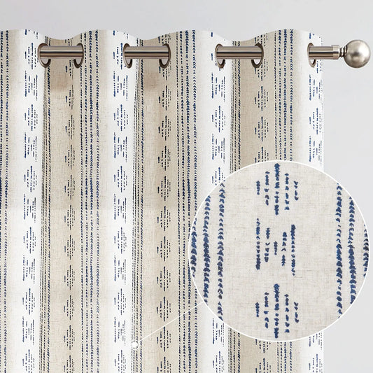 COLLACT Boho Curtains for Living Room Linen Curtains 90 Inches Long Blue Geometric Striped Patterned Curtains Farmhouse Rustic Drapes Light Filtering Grommet Window Treatments 2 Panels Blue on Beige
