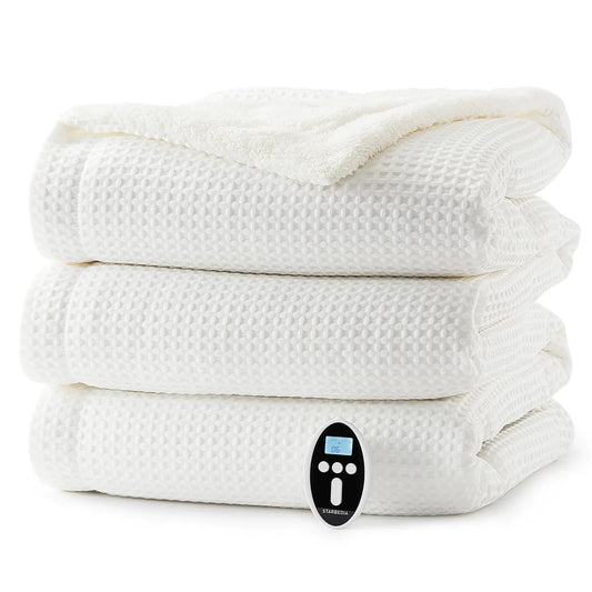 STARBEDIA Heated Blanket Queen Size with Wireless LCD Controller Machine Washable Waffle Fast Heating Electric Throw Blankets 6 Heat Levels & 2-10H Time Settings ETL Certified White 84" x 90"