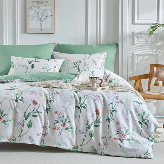 Lekesky Cotton Duvet Cover Queen - 100% Cotton Reversible Green Floral Duvet Cover Queen Size 3 Pieces Soft and Breathable White Bedding Comforter Cover Set (Queen 90"x90")