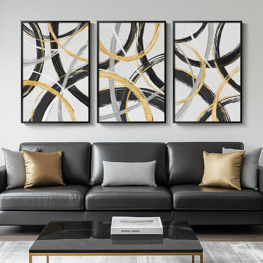 Large Framed Black and White Abstract Wall Art for Living Room 3 Piece Canvas Art Prints Wall Decor Modern Wall Paintings Artwork for Walls Black Gold Circle Pictures for Hallway Office Wall Decor 24x36 Inch