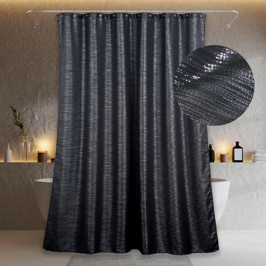 Black Sparkly Glitter Shower Curtain: Silver Metallic Shimmery Bling Shiny Textured Fabric Decorative Shower Curtains for Bathroom - Glam Fancy Luxury Modern Chic Design Waterproof Washable - 72x72