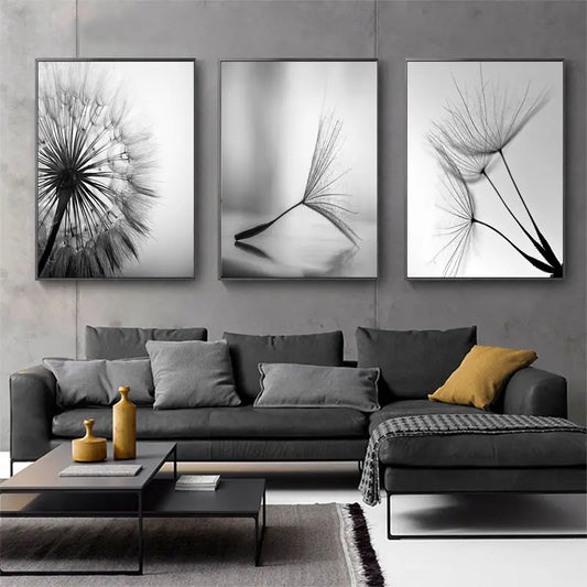 3pcs Black and White Dandelion Flower Wall Posters