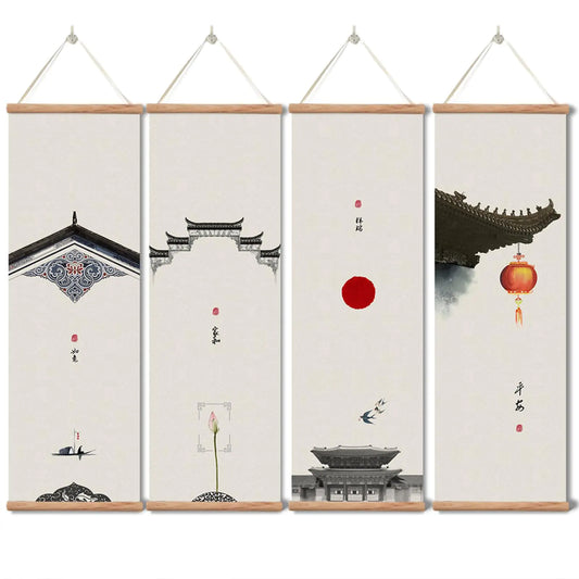 Landscape PaintingChinese Ancient Architecture Posters and Printstraditional Ink DecorWall Art Black and White for Living Room Bedroom4 Piece Set Fixed Wooden Hanging Scroll (Ancient architecture 12”x36”x4piece)