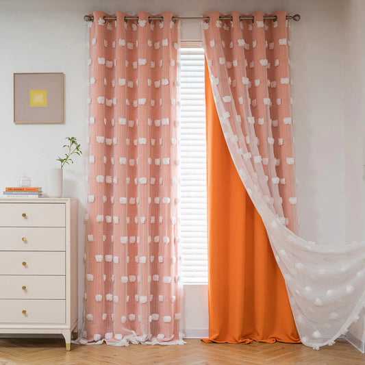 MYSKY HOME Orange Curtains 90 Inch Long for Living Room Nursery Curtains for Bedroom Double Layer Curtains White Pom Pom Sheer Curtains for Dining Room Grommet Room Darkening Window Panels 52" x 90"