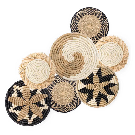 Hanging Woven Wall Basket Set - 7 Unique Handcrafted Seagrass Baskets for Boho Farmhouse & Rustic Wall Decor Table Settings & More - Ready to Hang with Nails & Marking Pencil Included