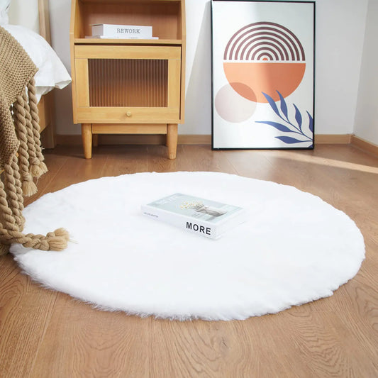 Ghouse Faux Rabbit Fur Round Rug 3ft White Round Rugs for Bedroom Decor Fluffy Area Rugs for Living Room no-Shedding Carpet Sheepskin Washable Rug Rome Decor