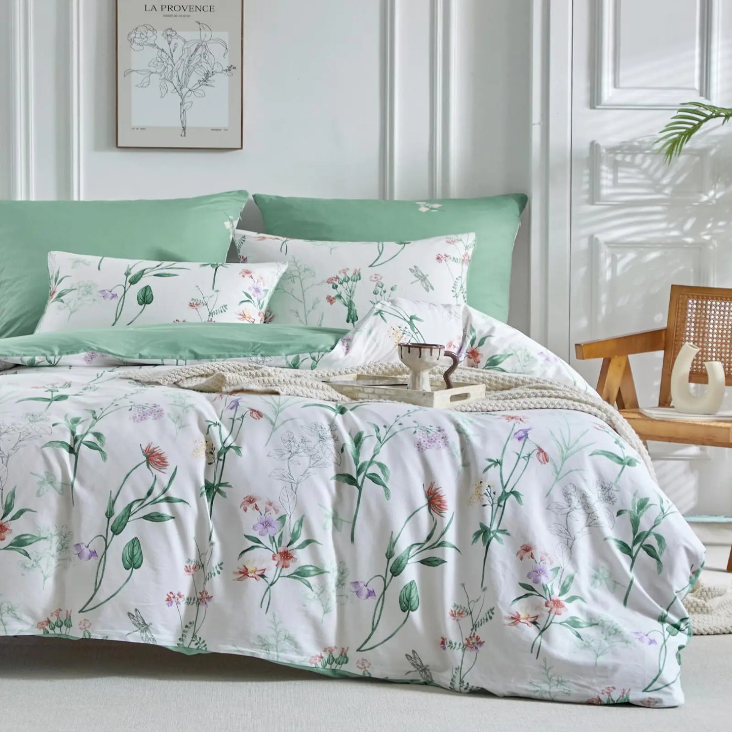 Lekesky Cotton Duvet Cover Queen - 100% Cotton Reversible Green Floral Duvet Cover Queen Size 3 Pieces Soft and Breathable White Bedding Comforter Cover Set (Queen 90"x90")