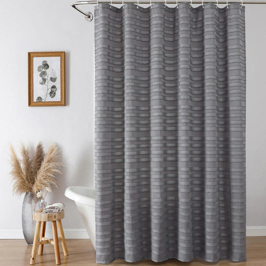 Extra Long Boho Shower Curtains Classic Boho Striped Textured Grey Fabric Shower Curtain for Bathroom Modern Farmhouse Tufted Cloth Gery Shower Curtain with 12 Hooks