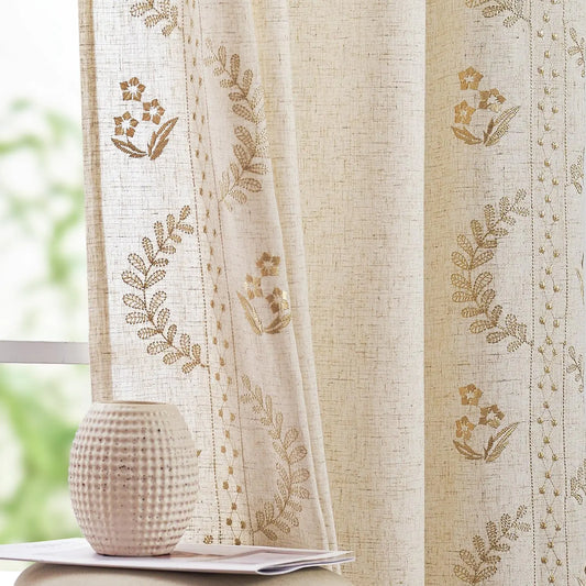 jinchan Linen Curtains Floral Curtains for Living Room Boho Curtains 96 Inch Length Linen Blend Beige Embroidered Curtains Farmhouse Flower Patterned Drapes Bedroom Window Curtain Set 2 Panels