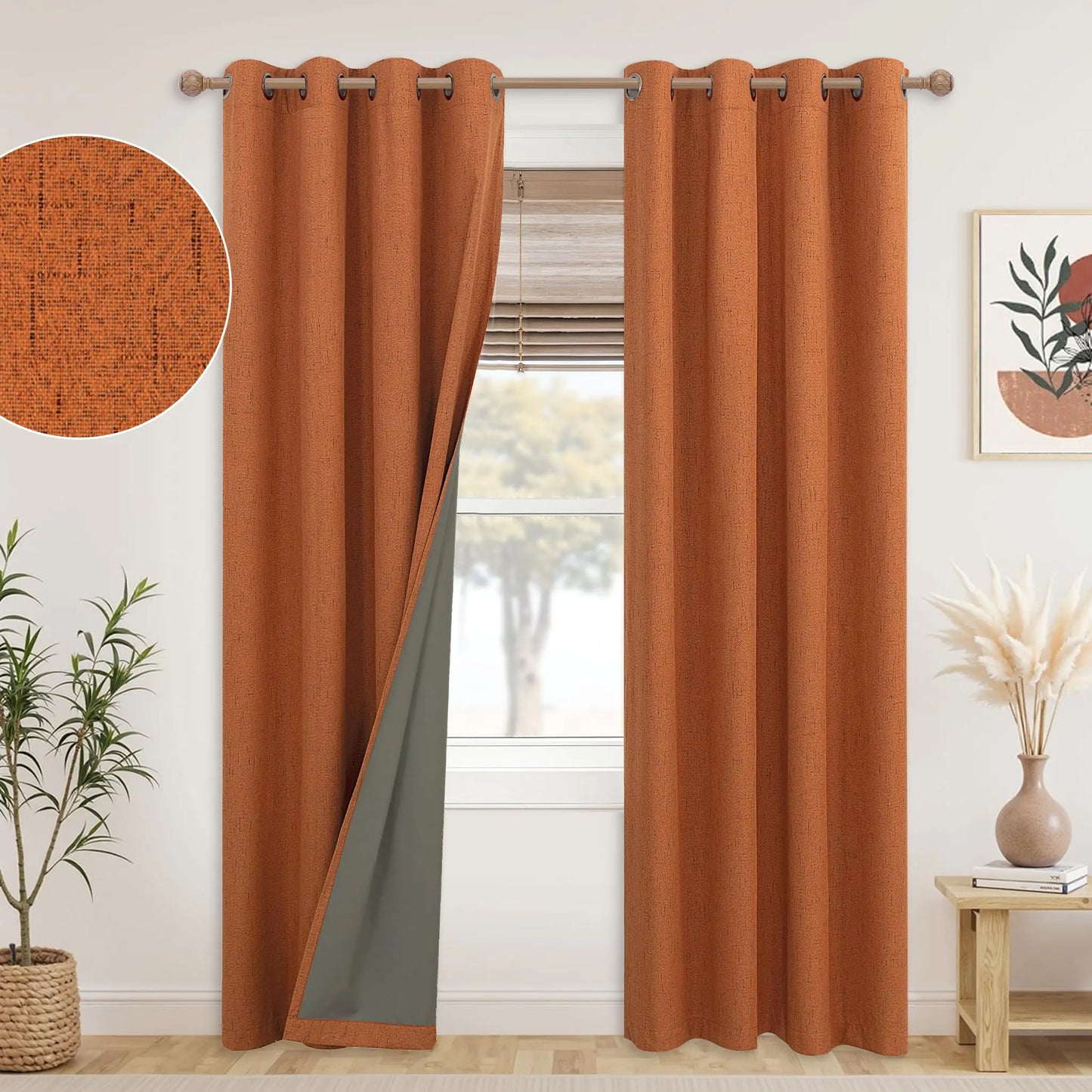 Mrs.Naturall 52x84 Inch Length Burnt Orange Grommet Linen Blackout Curtains