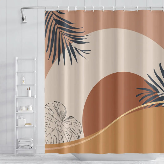Umpoo Abstract Mid Century Boho Bathroom Shower Curtain Orange Sun Eucalyptus Leaves Shower Curtain with Hooks Waterproof Fabric Polyester Shower Curtain for Aesthetics Home Decor 72x96 Inch